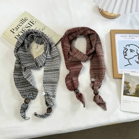 Bufanda Estrecha de Punto Fair Isle Vintage para Mujer Patrón Geométrico Bufanda Corbata con Cuentas de Madera Cuello Retro