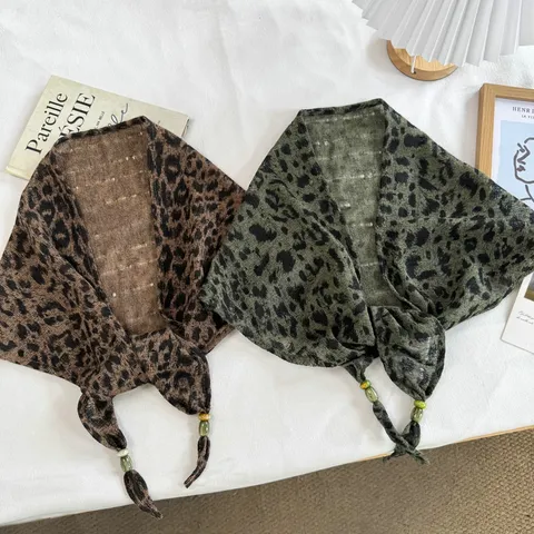 Women Leopard Print Triangle Scarf Thin Sun Protection Shawl With Beads Tassel Polyester Satin Scarf For Summer Air Conditioned Room