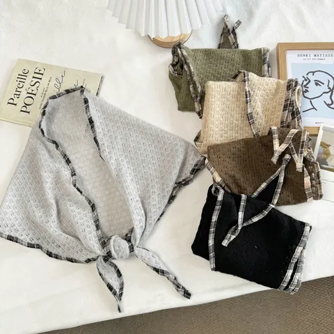 Vintage Hollow Out Knit Triangle Scarf For Women Breathable Plaid Patchwork Headscarf Versatile Hairband Bandana Shawl Accessories