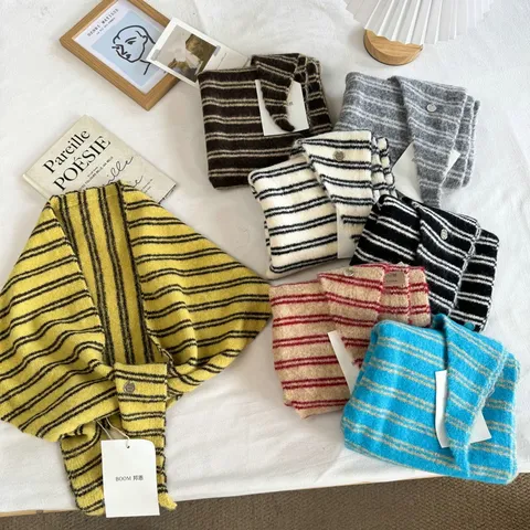 Chal Bufanda Triangular de Punto a Rayas Estilo Coreano Moda Casual Suave Espesado Cálido Chal para Otoño Invierno Mujeres