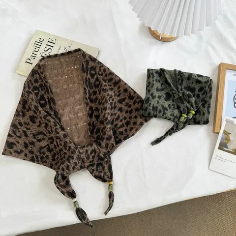 Women Leopard Print Triangle Scarf Thin Sun Protection Shawl With Beads Tassel Polyester Satin Scarf For Summer Air Conditioned Room