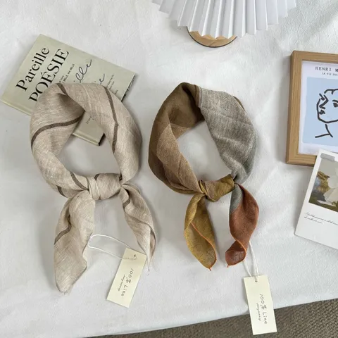 Retro Striped Linen Square Scarf For Women Vintage Lightweight Breathable Neck Scarf Head Scarf For Spring Autumn Fashion Accessories
