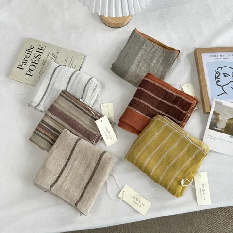 Retro Striped Linen Square Scarf For Women Vintage Lightweight Breathable Neck Scarf Head Scarf For Spring Autumn Fashion Accessories