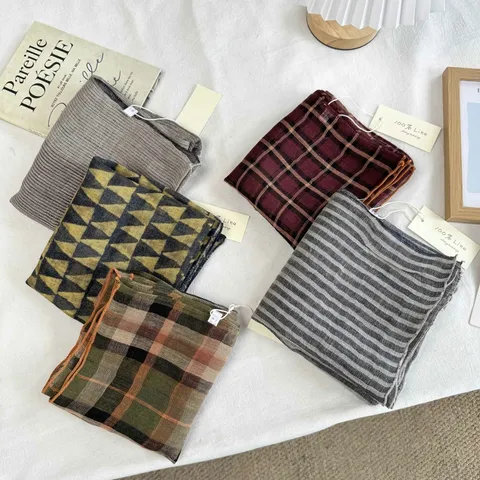 Japanese Vintage Linen Square Scarf For Women Plaid Striped Geometric Pattern Thin Breathable Neck Scarf Sun Protection Kerchief