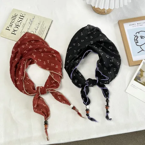 French Style Floral Pleated Triangle Scarf For Women Sweet Beaded Tassel Hairband Elegant Head Wrap Lightweight Kerchief Neck Scarf