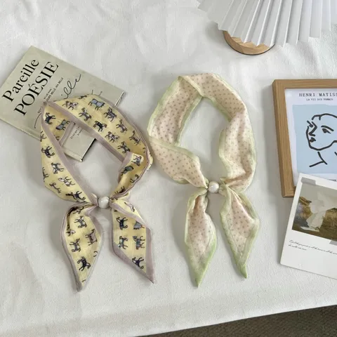Vintage Floral Print Satin Scarf Necklace For Women Elegant Fabric Neck Scarf With Artificial Pearl Beads Horse Pattern Accessories