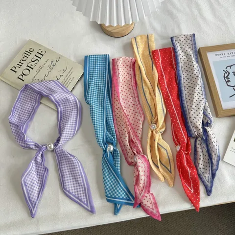 Women Narrow Long Scarf With Pearl Buckle Elegant Neck Scarf Polka Dot Lattice Printed Silk-like Polyester Scarf For Spring