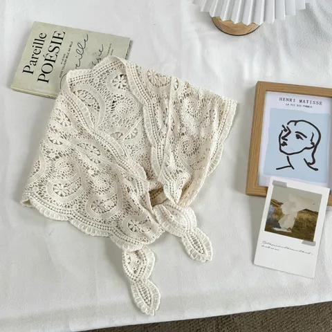 Estilo Coreano Retro Cachemira Blanco Encaje Calado Pañuelo Triangular Para Mujeres Primavera Verano Ganchillo Decorativo Cintura Wrap Top