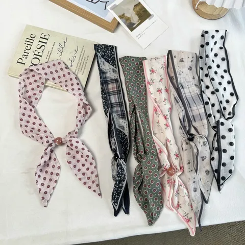Vintage Paisley Polka Dot Printed Adjustable Beaded Thin Long Skinny Scarf Hairband For Women Versatile Fashion Accessories