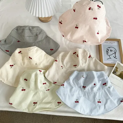 Fresh Gingham Plaid Bucket Hat With Cherry Embroidery Wide Brim Sun Protection Foldable Summer Beach Sun Hat For Women Accessory