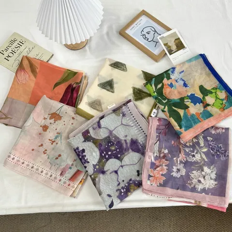 Women Large Square Scarf Artistic Scenery Print Satin Scarf Versatile Sun Protection Bandana Neck Scarf Head Scarf Handkerchief