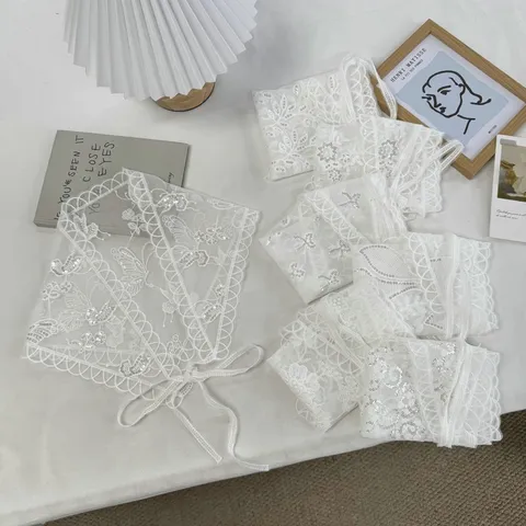 Pastoral Lace Kerchief For Women Chic Mesh Embroidered Hollow Out Sequin Triangle Scarf Extended Waist Band Tie Ribbon Hair Band Wrap Accessory