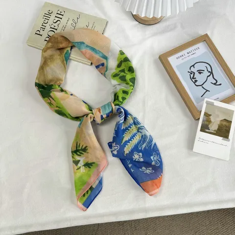 Women Large Square Scarf Artistic Scenery Print Satin Scarf Versatile Sun Protection Bandana Neck Scarf Head Scarf Handkerchief