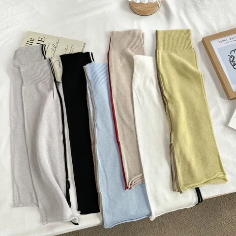 Minimalist Solid Color Knitted Leg Warmers For Women Side Slit Contrast Trim Summer Thin Slouch Socks Chic Versatile Footless Socks