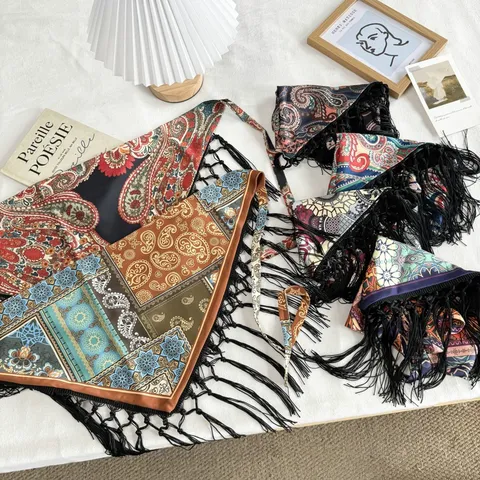 Neo-Chinese Ethnic Style Vintage Paisley Printed Triangle Scarf With Tassel Lace-up Elongated Waist Chain Bandana For Women