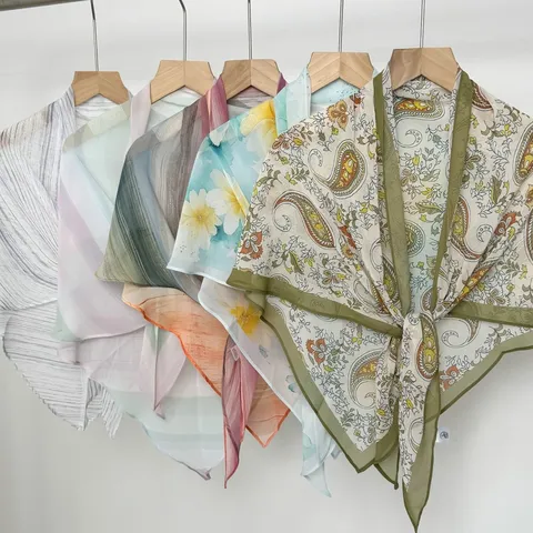 Women Fashion Printed Polyester Triangle Scarf Versatile Floral Paisley Striped Thin Scarf Shawl Waist Accessory For Layering