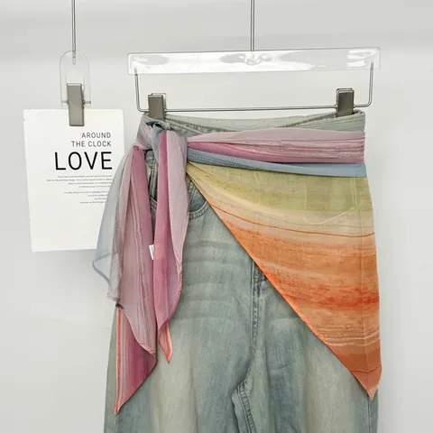 Women Fashion Printed Polyester Triangle Scarf Versatile Floral Paisley Striped Thin Scarf Shawl Waist Accessory For Layering