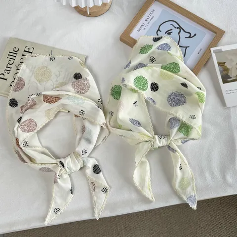 Polyester Polka Dot Triangle Scarf With Lace Trim Sun Protection Bandana Headscarf For Women Casual Daily Decorative Hair Scarf Wrap