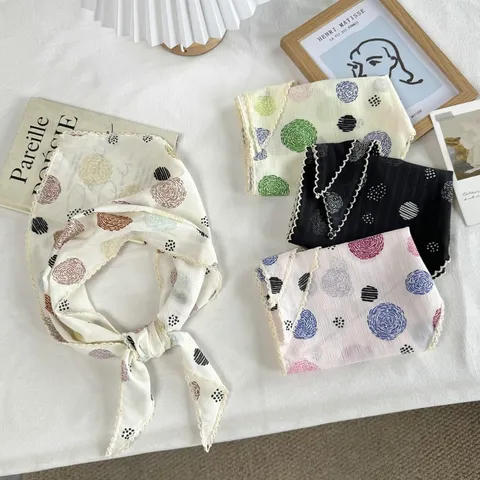 Polyester Polka Dot Triangle Scarf With Lace Trim Sun Protection Bandana Headscarf For Women Casual Daily Decorative Hair Scarf Wrap