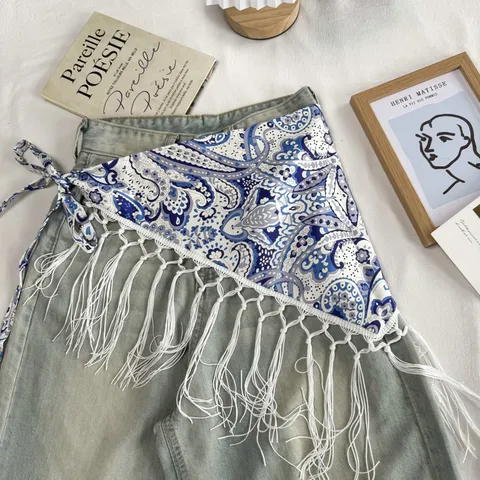 Neo-Chinese Ethnic Style Vintage Paisley Printed Triangle Scarf With Tassel Lace-up Elongated Waist Chain Bandana For Women