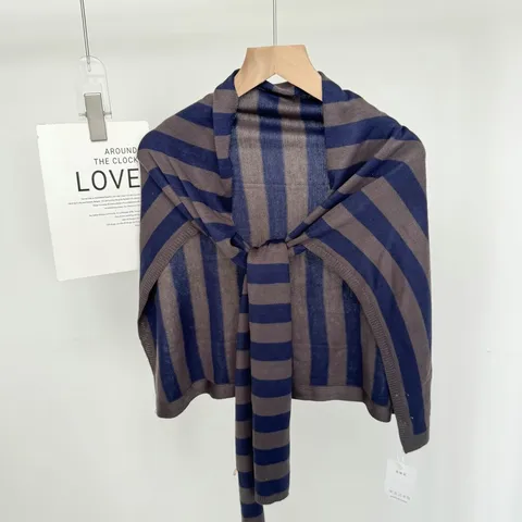 Women Minimalist Striped Knit Shawl Cape Fashion Commute Acrylic Neck Warmer Cozy Dropped Shoulder Poncho Wrap Outerwear