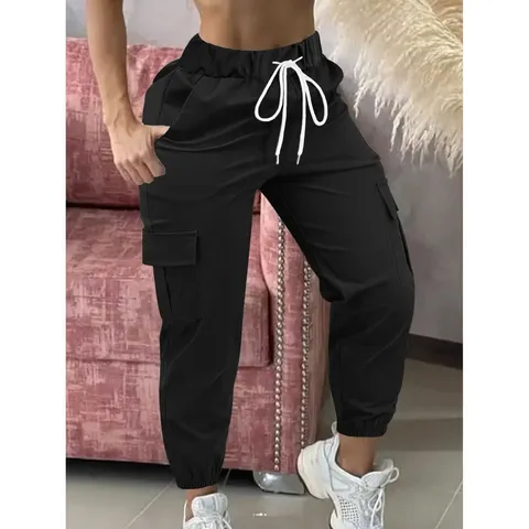 Damen Cargohose Mehrere Taschen Kordelzug Lockere Passform Jogger Lässige Manschetten Hose Einfarbig Streetwear