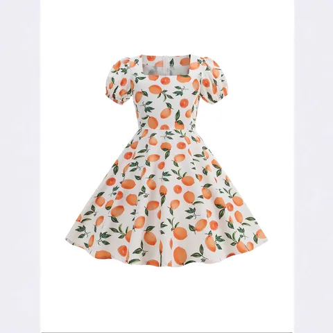 Vestido de Princesa de Manga Corta de Verano para Niñas Estampado Floral de Frutas Mariposa Fresa Cuello Cuadrado Mangas Abullonadas Elegante Vestido de Línea A