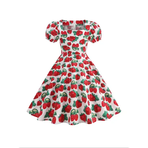 Vestido de Princesa de Manga Corta de Verano para Niñas Estampado Floral de Frutas Mariposa Fresa Cuello Cuadrado Mangas Abullonadas Elegante Vestido de Línea A