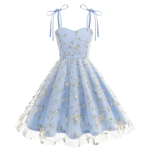 Girls Mesh Embroidered Bow Strap Dress Kids Elegant Floral Princess Party Ball Gown Sleeveless Tulle Dress For Children