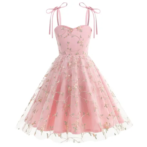 Girls Mesh Embroidered Bow Strap Dress Kids Elegant Floral Princess Party Ball Gown Sleeveless Tulle Dress For Children