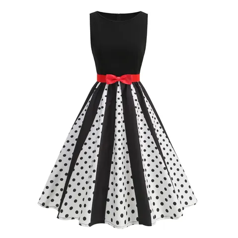 Women Vintage Polka Dot Patchwork Dress Elegant Sleeveless Big Swing Party Midi Dress For Halloween Christmas