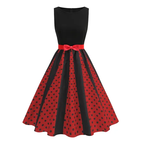 Women Vintage Polka Dot Patchwork Dress Elegant Sleeveless Big Swing Party Midi Dress For Halloween Christmas