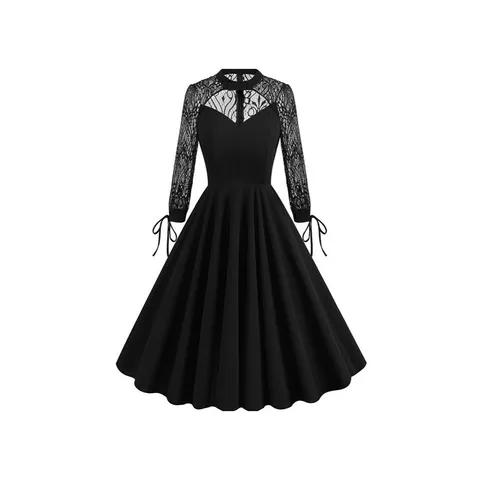 Vintage Lace Splicing A-Line Dress Women Sexy Backless Hollow Out Hepburn Style Midi Dress For Halloween Party Evening
