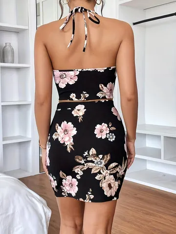 Women Floral Print Two Piece Set Halter Crop Top And High Waist Bodycon Mini Skirt Slim Fit Sexy Summer Skirt Set