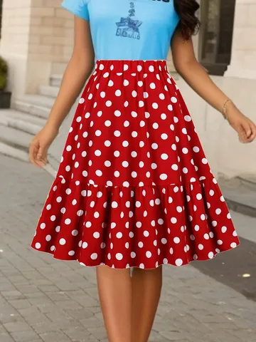 Women French Vintage Polka Dot Midi Skirt High Waist A-Line Ruffle Hem Polyester Flowy Long Skirt Bottom