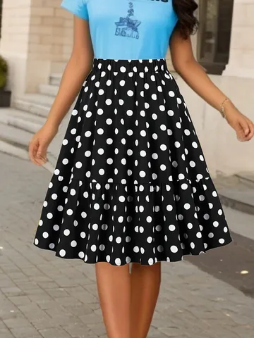 Women French Vintage Polka Dot Midi Skirt High Waist A-Line Ruffle Hem Polyester Flowy Long Skirt Bottom
