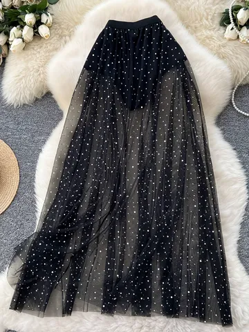 Women's High Waist Sequin Mesh Midi Skirt Elegant Star Tulle A-Line Skirt Fairy Aesthetic Pleated Party Skirt Bottoms