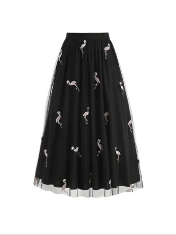 Women High Waist Embroidered Flamingo Midi A-Line Mesh Skirt Elegant Tulle Skirt Casual Vacation Bottom