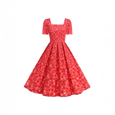 Robe Vintage Rétro Imprimé Cœur Femme Col Carré Manches Courtes Plissé Ligne A Swing Midi Robe en Polyester Party Cocktail