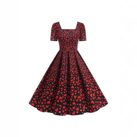 Robe Vintage Rétro Imprimé Cœur Femme Col Carré Manches Courtes Plissé Ligne A Swing Midi Robe en Polyester Party Cocktail