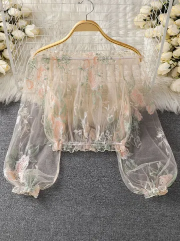 Women's Vintage 3D Floral Embroidery Double Layer Mesh Sunscreen Cardigan Short See Through Mesh Top Long Sleeve Jacket