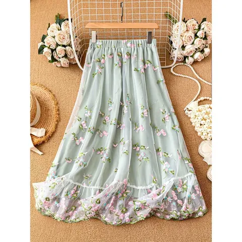 Women Vintage High Waist A-Line Mesh Skirt 3D Floral Embroidered Double Layer Gauze Skirt Green Midi Skirt Casual Bottom