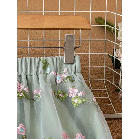 Women Vintage High Waist A-Line Mesh Skirt 3D Floral Embroidered Double Layer Gauze Skirt Green Midi Skirt Casual Bottom
