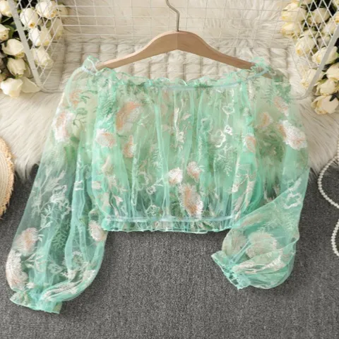 Women's Vintage 3D Floral Embroidery Double Layer Mesh Sunscreen Cardigan Short See Through Mesh Top Long Sleeve Jacket