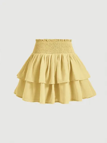 Women's High Waist Tiered Ruffle Mini Skirt Sweet Ballet Smocked Puffy A-Line Short Skirt Fashion Polyester Solid Skirt
