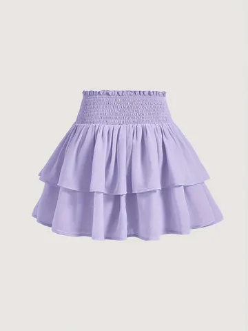 Women's High Waist Tiered Ruffle Mini Skirt Sweet Ballet Smocked Puffy A-Line Short Skirt Fashion Polyester Solid Skirt