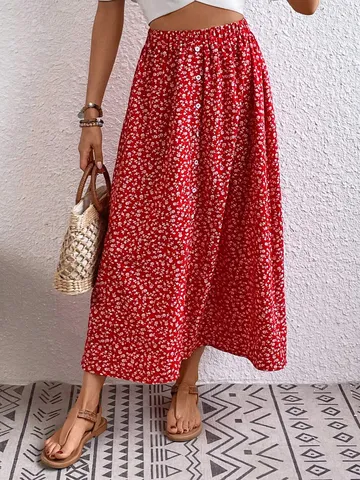 Women High Waist Floral Midi Skirt A-Line Large Swing Skirt With Single-Breasted Button Polyester Skirt For Summer Vacation Casual Daily Wear