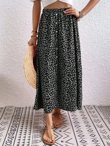 Women High Waist Floral Midi Skirt A-Line Large Swing Skirt With Single-Breasted Button Polyester Skirt For Summer Vacation Casual Daily Wear