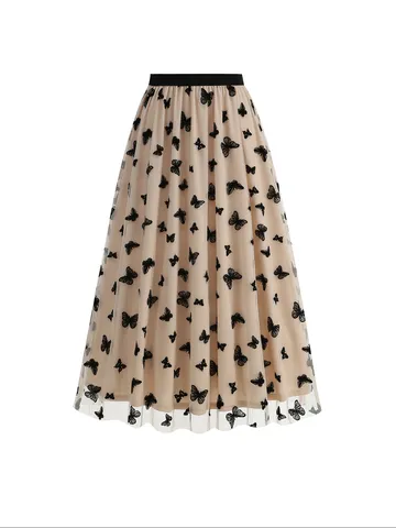 Women's High Waist A-Line Mesh Tulle Maxi Skirt Elegant Flocking Butterfly Embroidered Pleated Big Swing Bottom Skirt