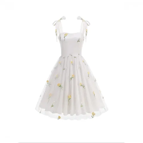Women French Style Daisy Embroidery Mesh Cami Dress Elegant Tulle Floral Midi Party Dress With Bow Straps For Vacation